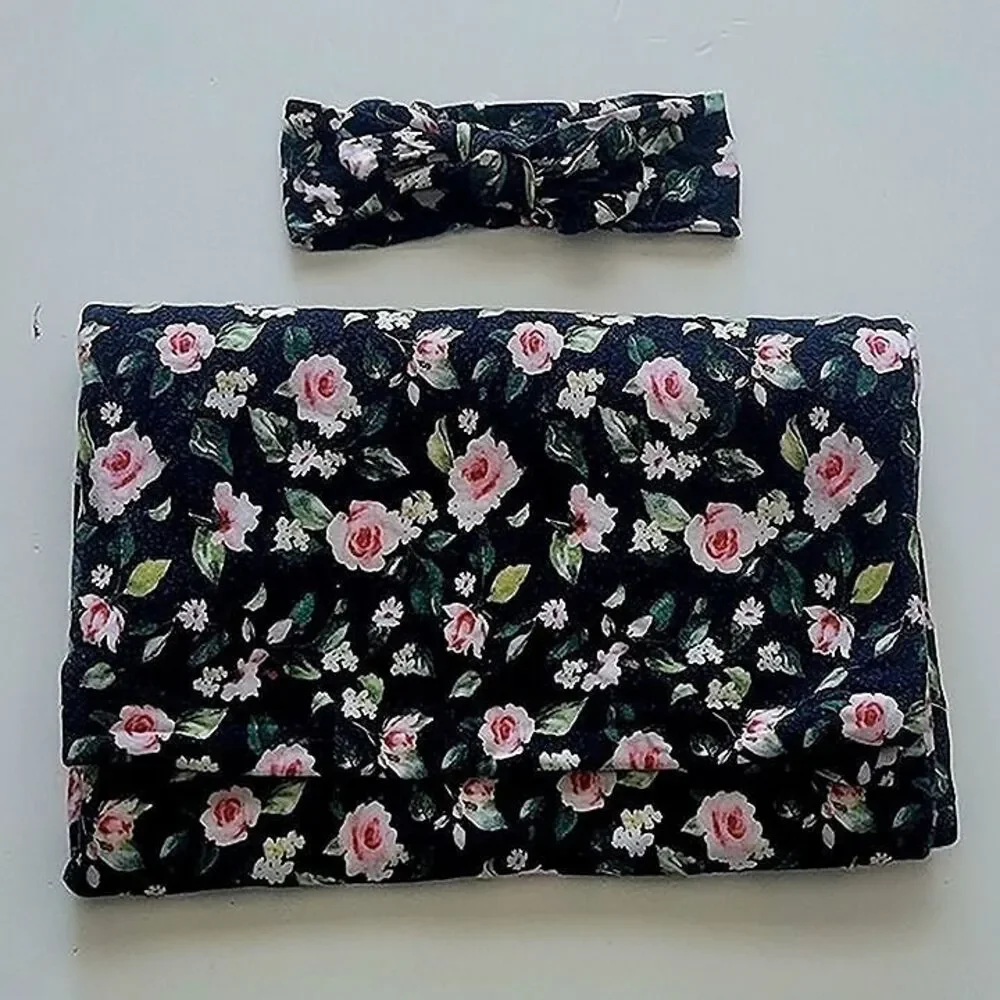 Posh Peanut Floral Black and Pink Swaddle with Matching Headband